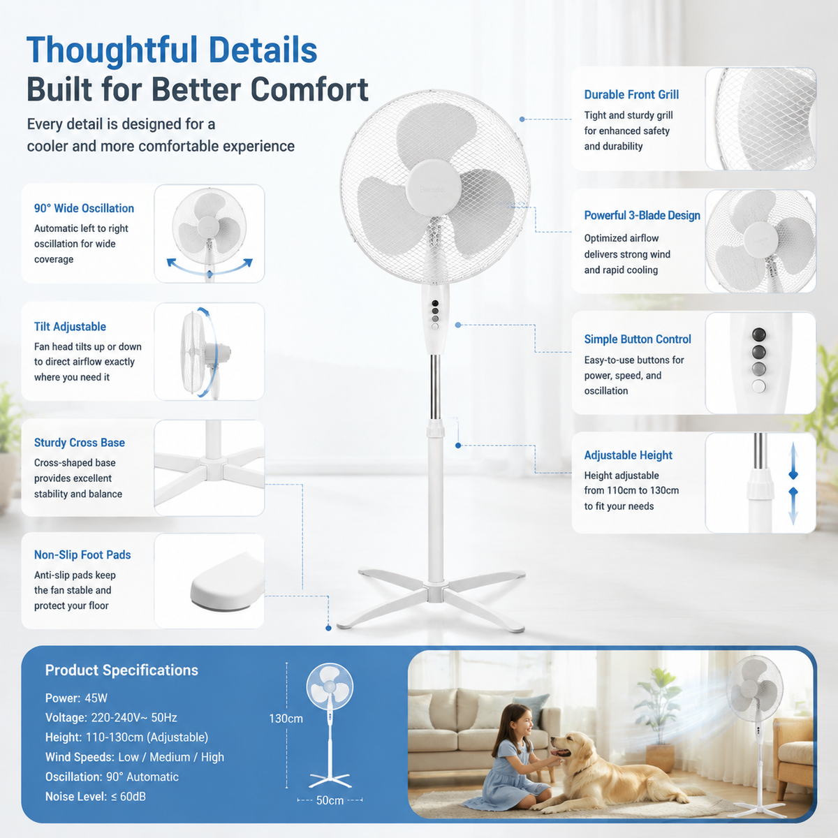 🥳HEISSER SALE 2026🥳💞50.000+ VERKAUFT!👵 📢📢⏰ Elektrischer Standventilator (40 cm) – 100 % Kupfermotor, 3 Geschwindigkeitsstufen, höhenverstellbar bis 1,25 m und geräuscharm – Weiß