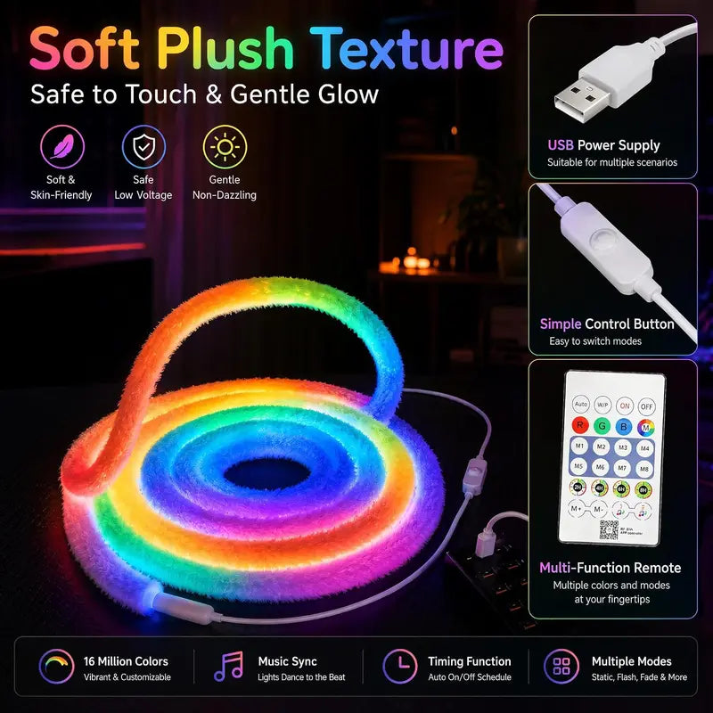 ✨ Neon-Lichtstreifen mit Kunstfell-Optik – 360°-Rundum-Leuchten, flexible Dekoleuchte 💈