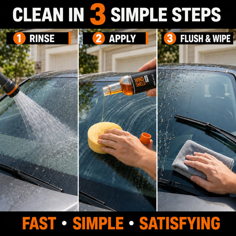 Leistungsstarker Glasreiniger: Entfernt Flecken, Ölfilme, Insektenkleber und Frostschutz. Hydrophober Glasreiniger für Autos.