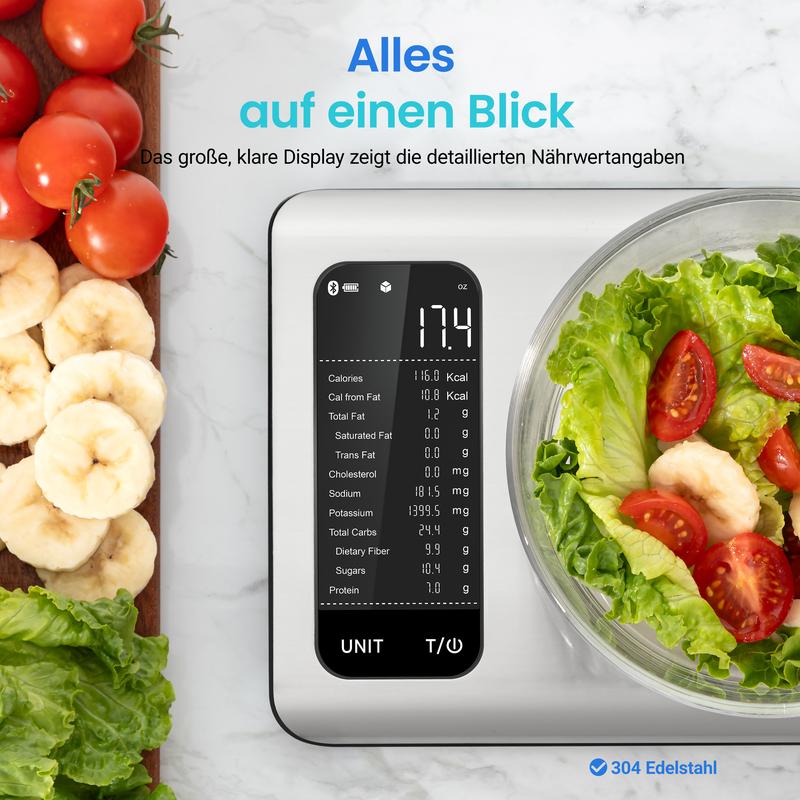 Küchenwaage digital mit Nährwertberechnung, Ernährungswaage App verfolgt 19 Nährstoffe, Kaloriendatenanalyse, 5kg Edelstahl-Lebensmittelwaage, geeignet für Gewichtsverlust