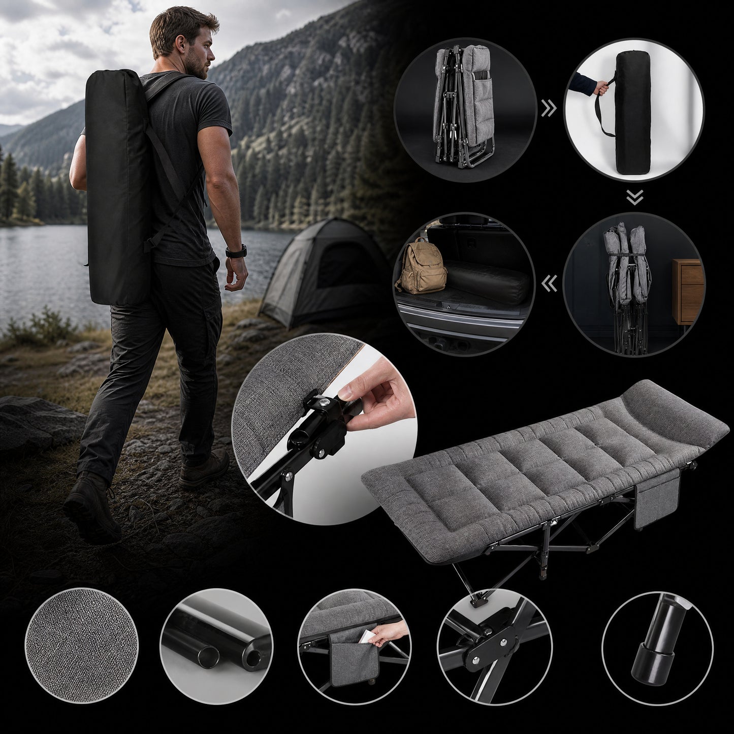 🪑 Tragbares Klappbett – stabiles Feldbett mit 10-Punkt-Stütze, bis 200 kg belastbar, faltbar & platzsparend, für Büro, Zuhause, Mittagspause, Studentenwohnung, Gästebett, Camping & Outdoor – Must-have zum Schulstart🏕️✨