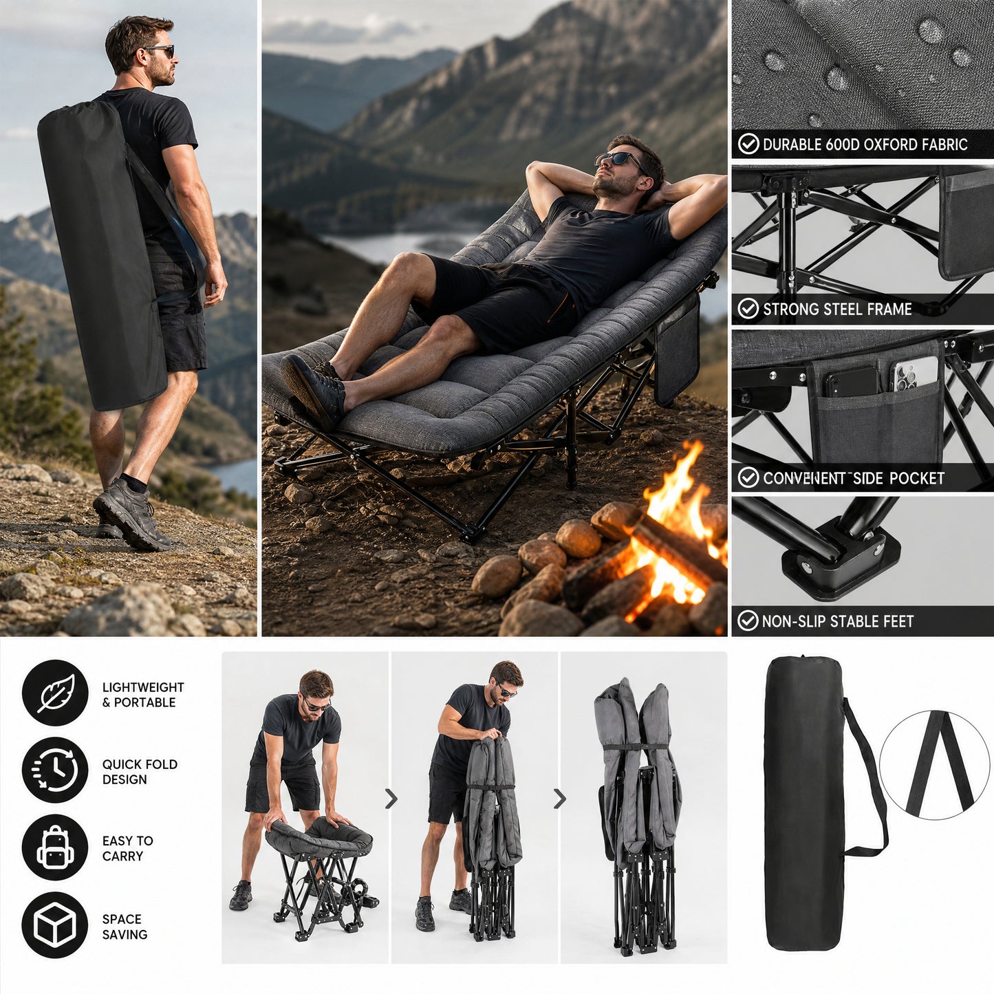 🪑 Tragbares Klappbett – stabiles Feldbett mit 10-Punkt-Stütze, bis 200 kg belastbar, faltbar & platzsparend, für Büro, Zuhause, Mittagspause, Studentenwohnung, Gästebett, Camping & Outdoor – Must-have zum Schulstart🏕️✨