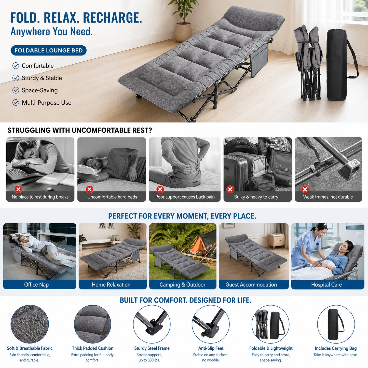 🪑 Tragbares Klappbett – stabiles Feldbett mit 10-Punkt-Stütze, bis 200 kg belastbar, faltbar & platzsparend, für Büro, Zuhause, Mittagspause, Studentenwohnung, Gästebett, Camping & Outdoor – Must-have zum Schulstart🏕️✨