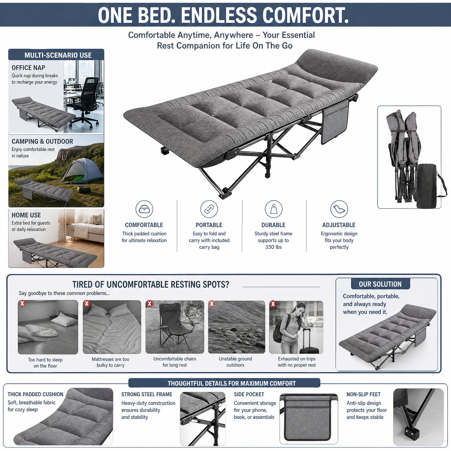 🪑 Tragbares Klappbett – stabiles Feldbett mit 10-Punkt-Stütze, bis 200 kg belastbar, faltbar & platzsparend, für Büro, Zuhause, Mittagspause, Studentenwohnung, Gästebett, Camping & Outdoor – Must-have zum Schulstart🏕️✨