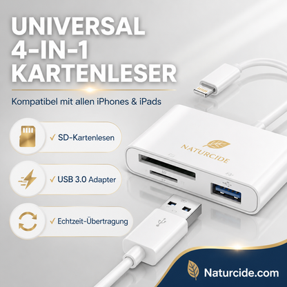 🛍️  3-in-1 Speicherkartenleser für Handy & Tablet – USB-C, Lightning, USB-A – Plug & Play für iPhone , Android, PC & Mac 📱