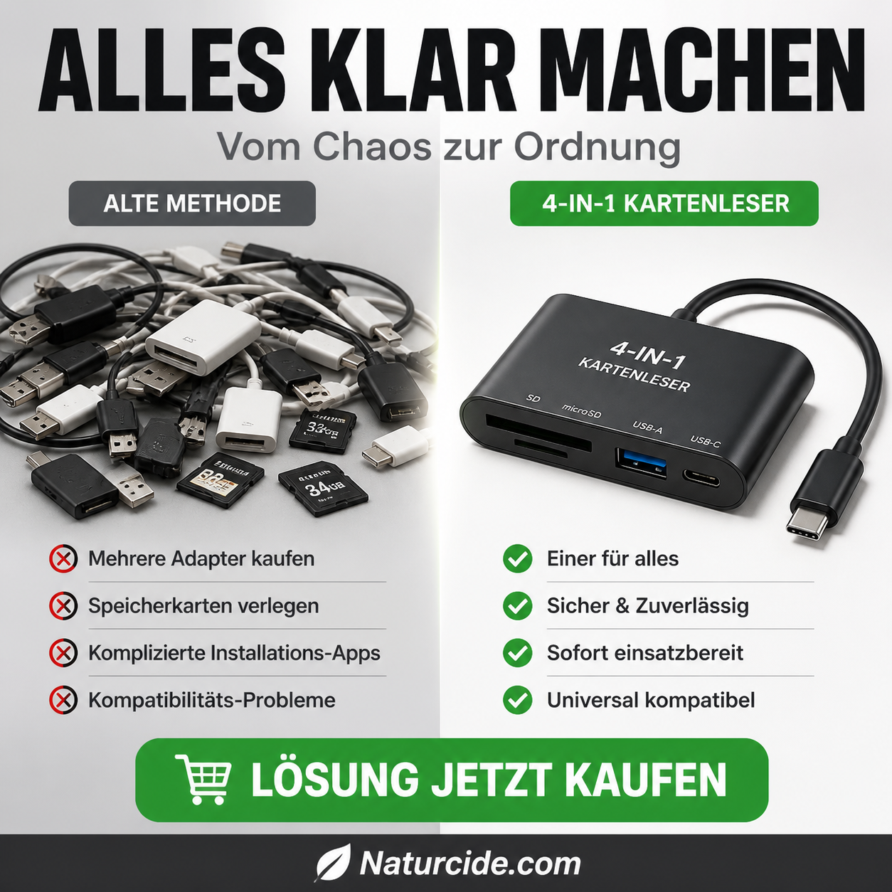 🛍️  3-in-1 Speicherkartenleser für Handy & Tablet – USB-C, Lightning, USB-A – Plug & Play für iPhone , Android, PC & Mac 📱