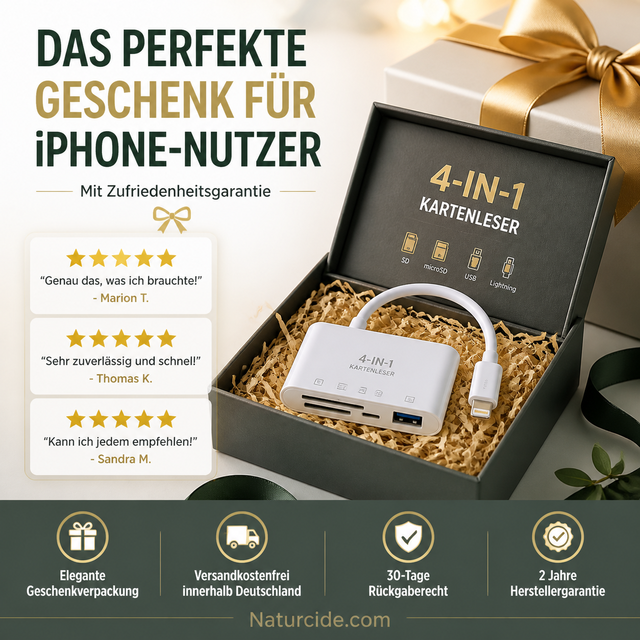 🛍️  3-in-1 Speicherkartenleser für Handy & Tablet – USB-C, Lightning, USB-A – Plug & Play für iPhone , Android, PC & Mac 📱