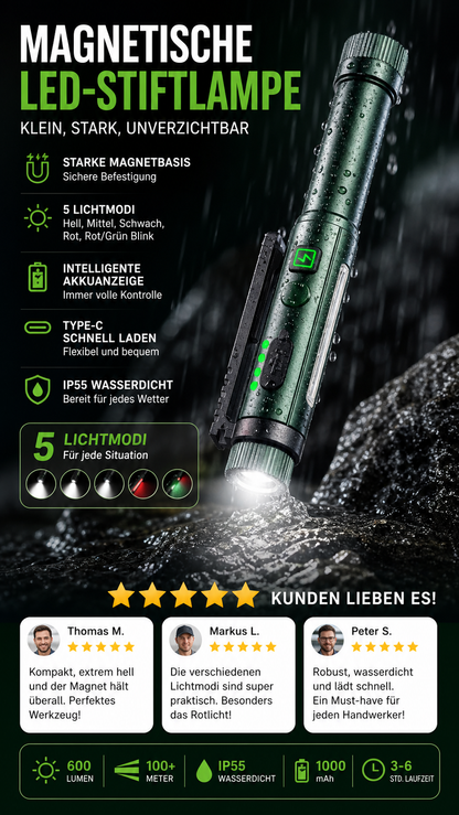 Multifunktionale, stiftförmige Arbeitsleuchte mit starkem Magnetfeld
