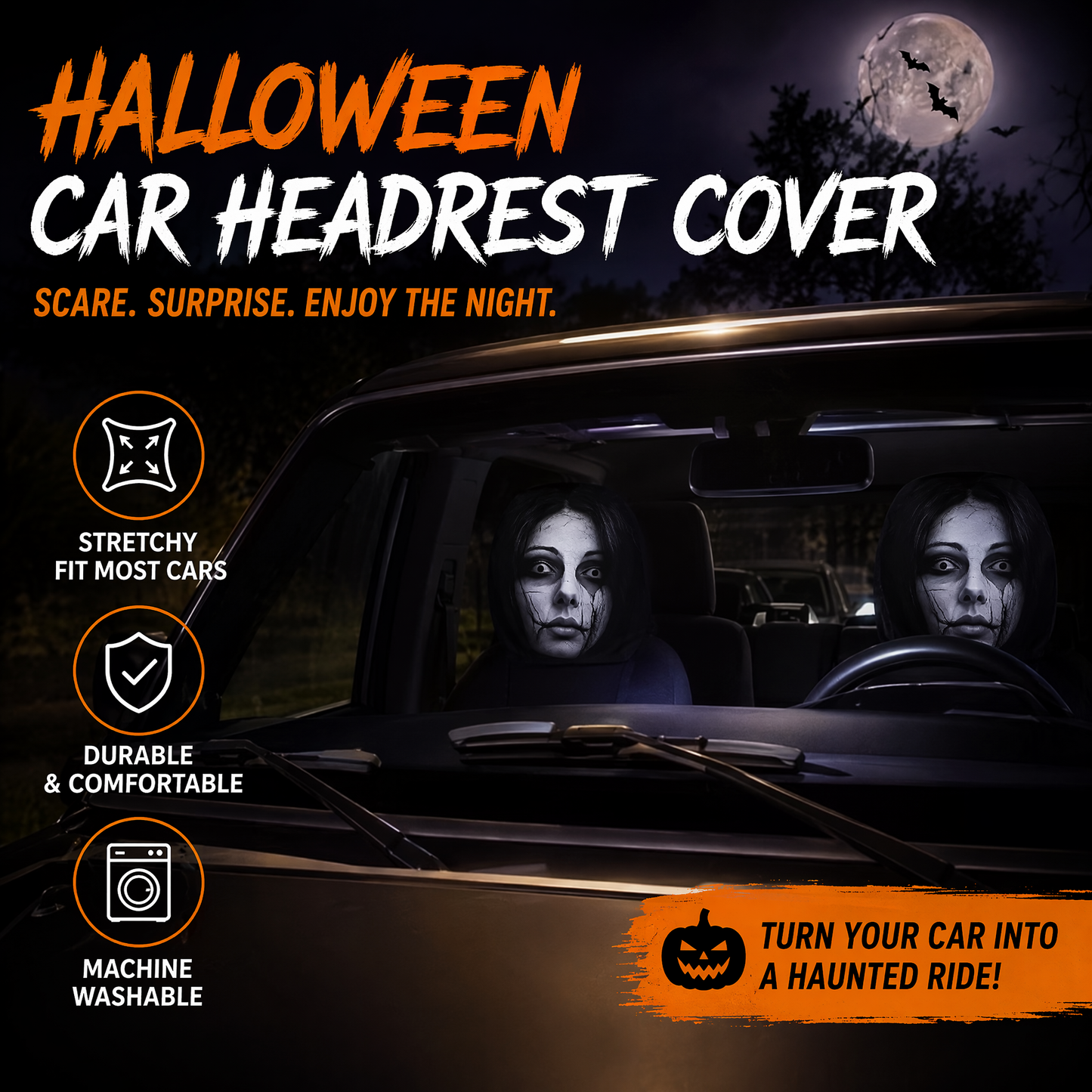 🎃💀Halloween-Vorverkaufs-Sonderedition: Lustige und originelle Auto-Kopfstützenbezüge, die Ihre Freunde erschrecken werden!