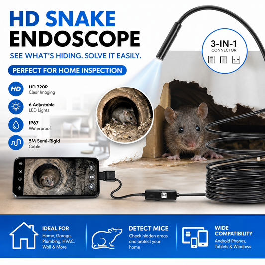 ✨ 3-IN-1 ENDOSCOPE - 2.0MP HD with 6 LED Lights, IP67 Waterproof, Compatible with Smartphones for Home Inspection and DIY Projects 📱🛠️