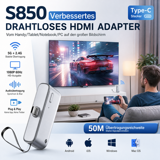 🥳HEISSER SALE 2026🥳💞50.000+ VERKAUFT!👵❤️  Verbesserter kabelloser HDMI‑Adapter S850 Typ‑C, 50 m, Ausgabe 1080p mit 60 Hz, Plug & Play, 5G + 2,4G und Audio zur Verbindung von Handys, Tablets, Laptops und PCs mit Monitoren