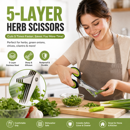 ✂️🥬 Fünfklingen-Küchenschere aus Edelstahl – Schneidet gleichmäßige, feine Streifen in einem Arbeitsgang und eignet sich hervorragend für Frühlingszwiebeln, Koriander, Chilischoten und Algen.