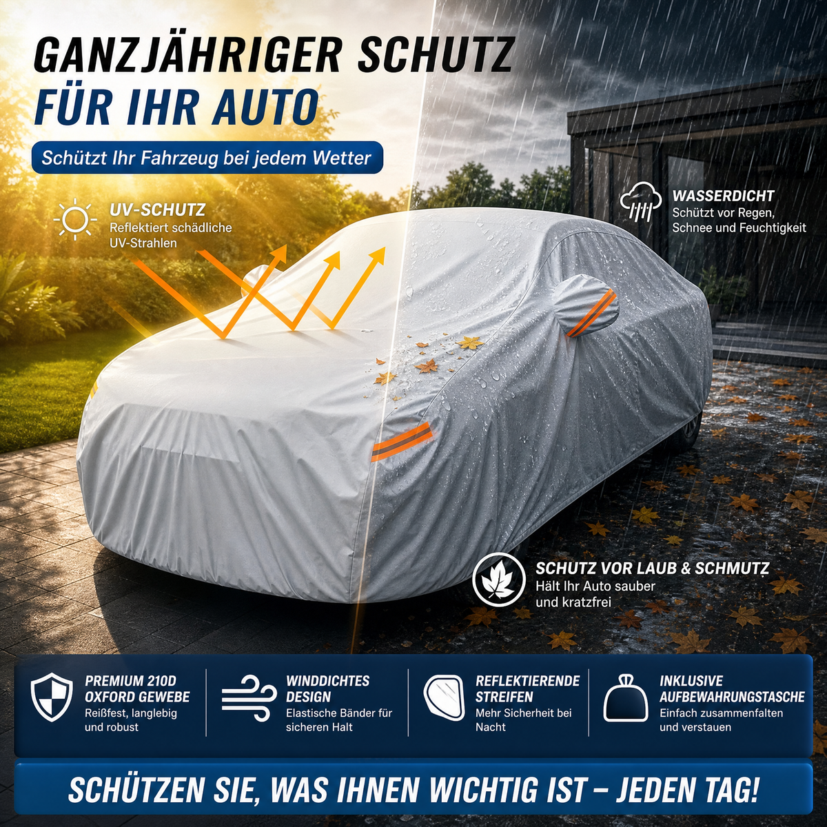 🚗  Ganzjahres-Autoabdeckung mit silberner Beschichtung – schützt vor Sonne, Regen & Staub, mit Spiegel-Taschen – für den Außenbereich geeignet 🛡️