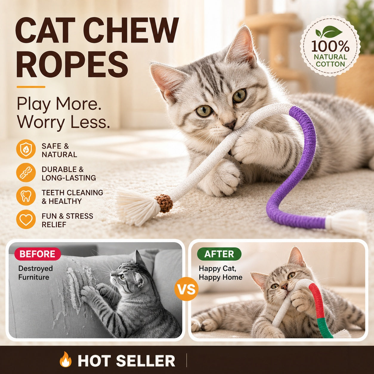 🐾🧶 Katzenspielzeug-Kauseile (3-teilig), sicheres Zahnreinigungsspielzeug für Katzenwelpen, beruhigendes interaktives Katzenspielzeug