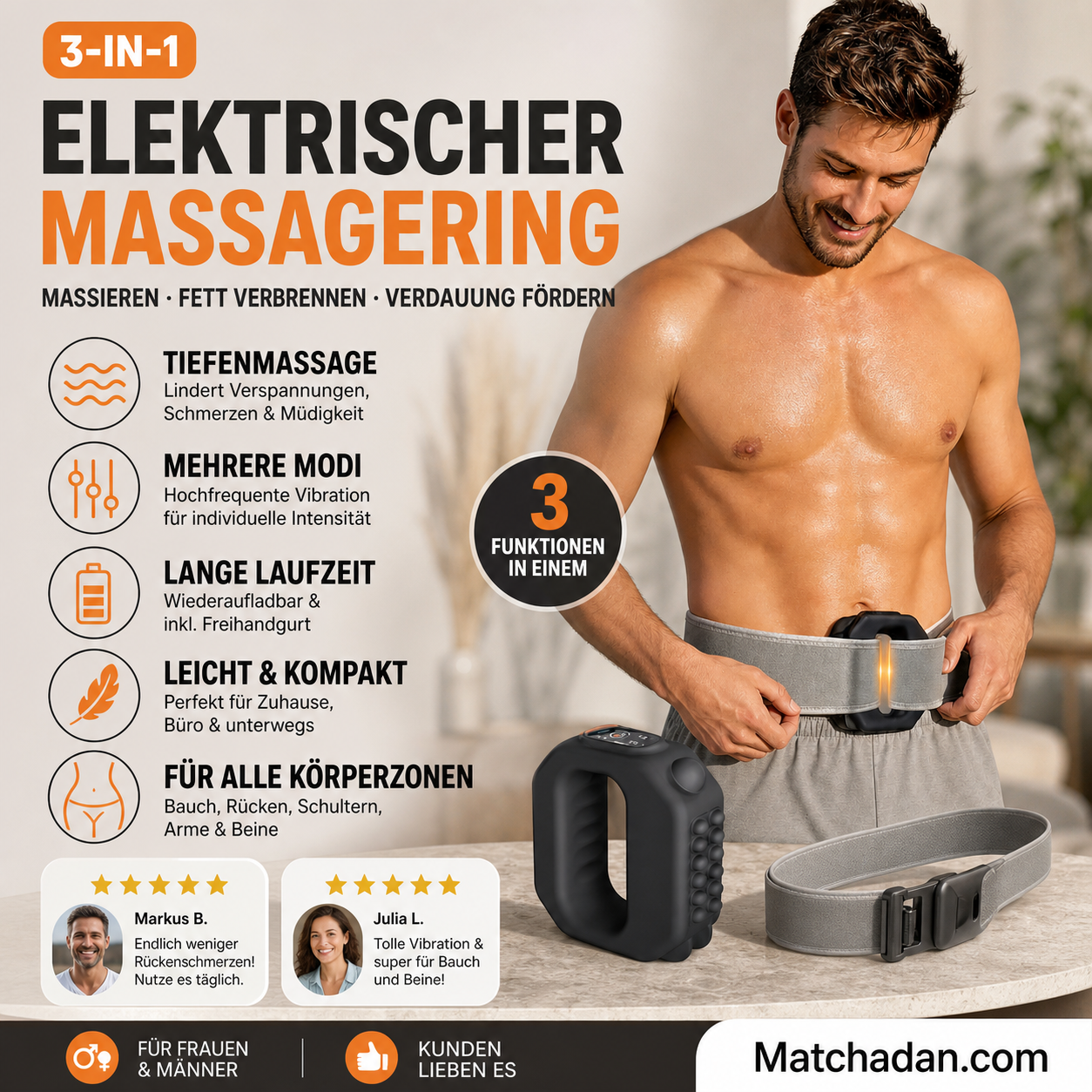 ⏰  🟣 3-in-1 Multifunktionaler elektrischer Faszienring mit verstellbarem Gurt, Massage, Fettabbau & Verdauungsförderung für Bauch, Beine, Rücken & Schultern ✨