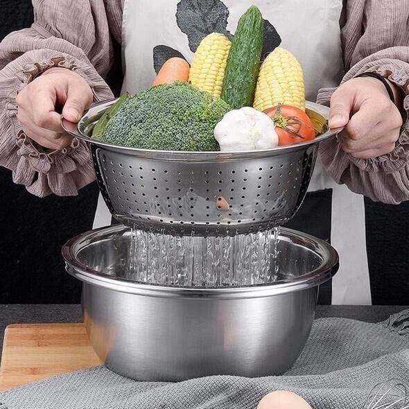 🥗 3-in-1 Set mit Schüssel, Abtropfschale & Reibe – Integrierter Abtropfkorb Zum Waschen, Abtropfen & Mischen Für Eine Effiziente Küche ✨