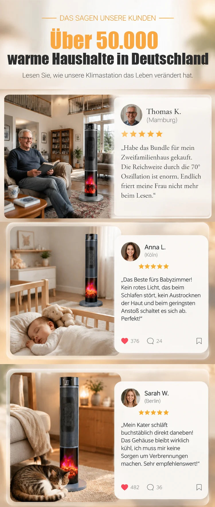 🔥[Nur 1 kWh pro Woche] Premium 3D-Kamin Heizlüfter | 3 Sek. Schnellheizung | A+++ KI-Energiesparmodus
