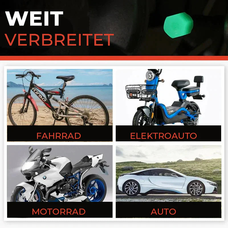 ⏳Limitiertes 50 % Rabatt⏰Leuchtende Nachtfahrer-Ventilkappen (Reifen-Ventilkappen) – 4 Stück, universell passend, originalgetreue Abdichtung & Diebstahlschutz 🛡️🔒