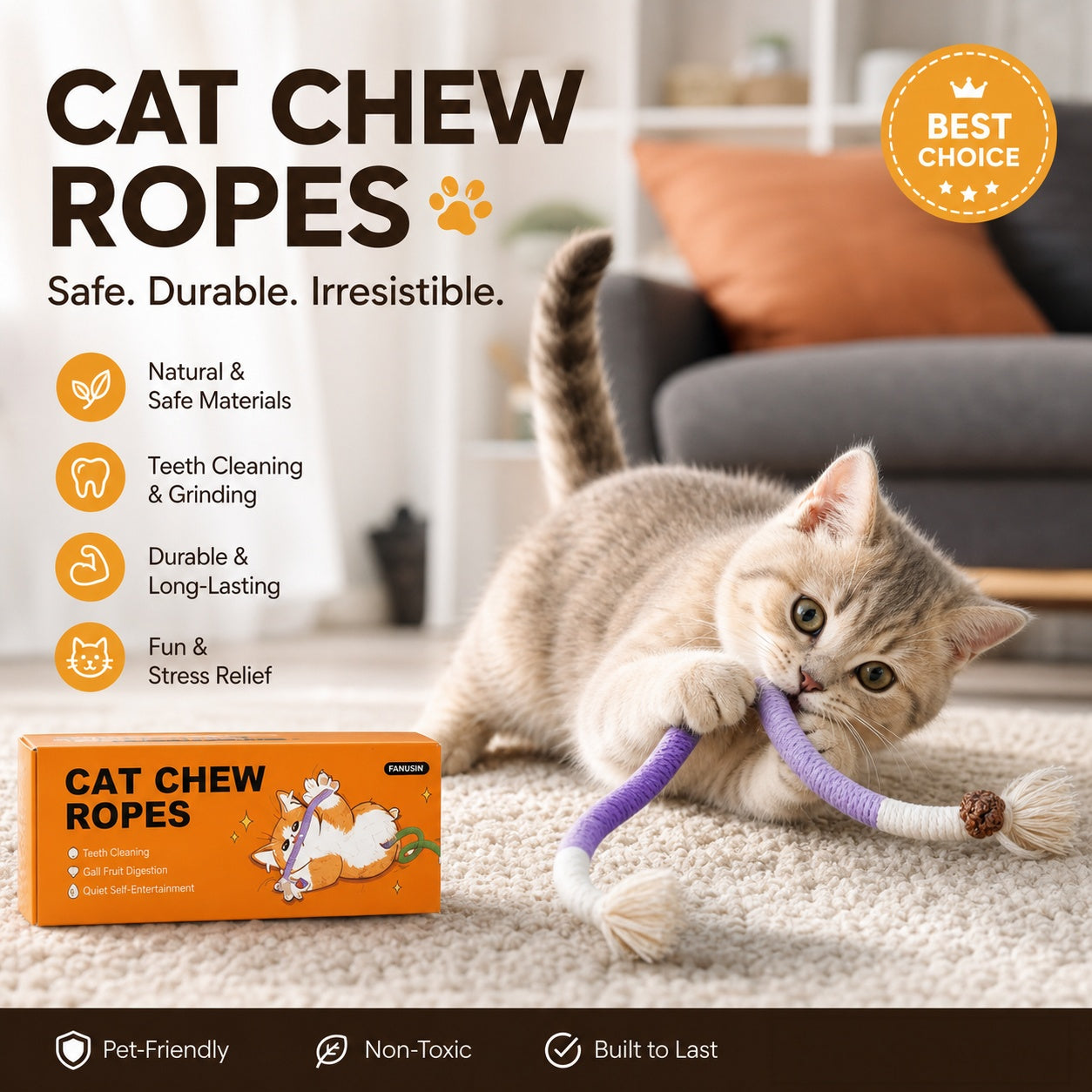 🐾🧶 Katzenspielzeug-Kauseile (3-teilig), sicheres Zahnreinigungsspielzeug für Katzenwelpen, beruhigendes interaktives Katzenspielzeug