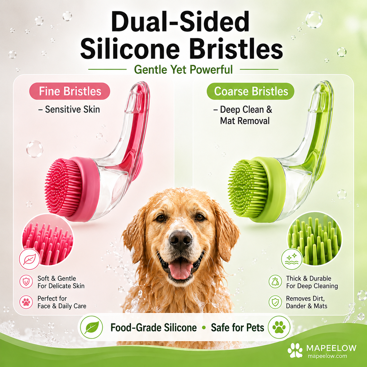 🐶 Tierbadbürste – Langer Griff, Shampoo-Spender, 2 Bürstenkopf-Optionen 🧴