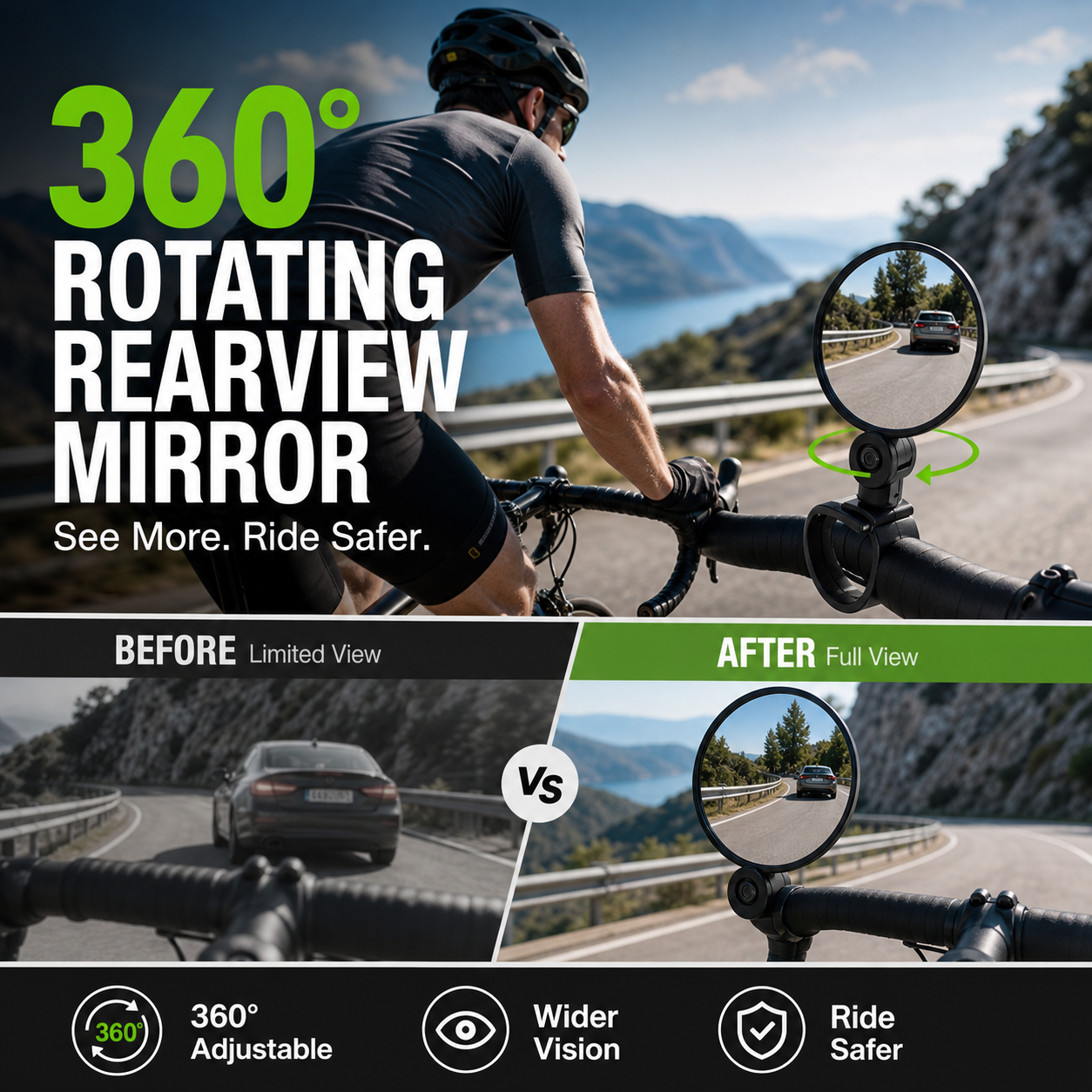 ⏳Time-Limited Special⏰360° Rotating Rearview Mirror – Clear view behind, no more neck twisting. Fits bikes, e‑bikes & motorcycles. Tool‑free silicone strap! 🛡️✨
