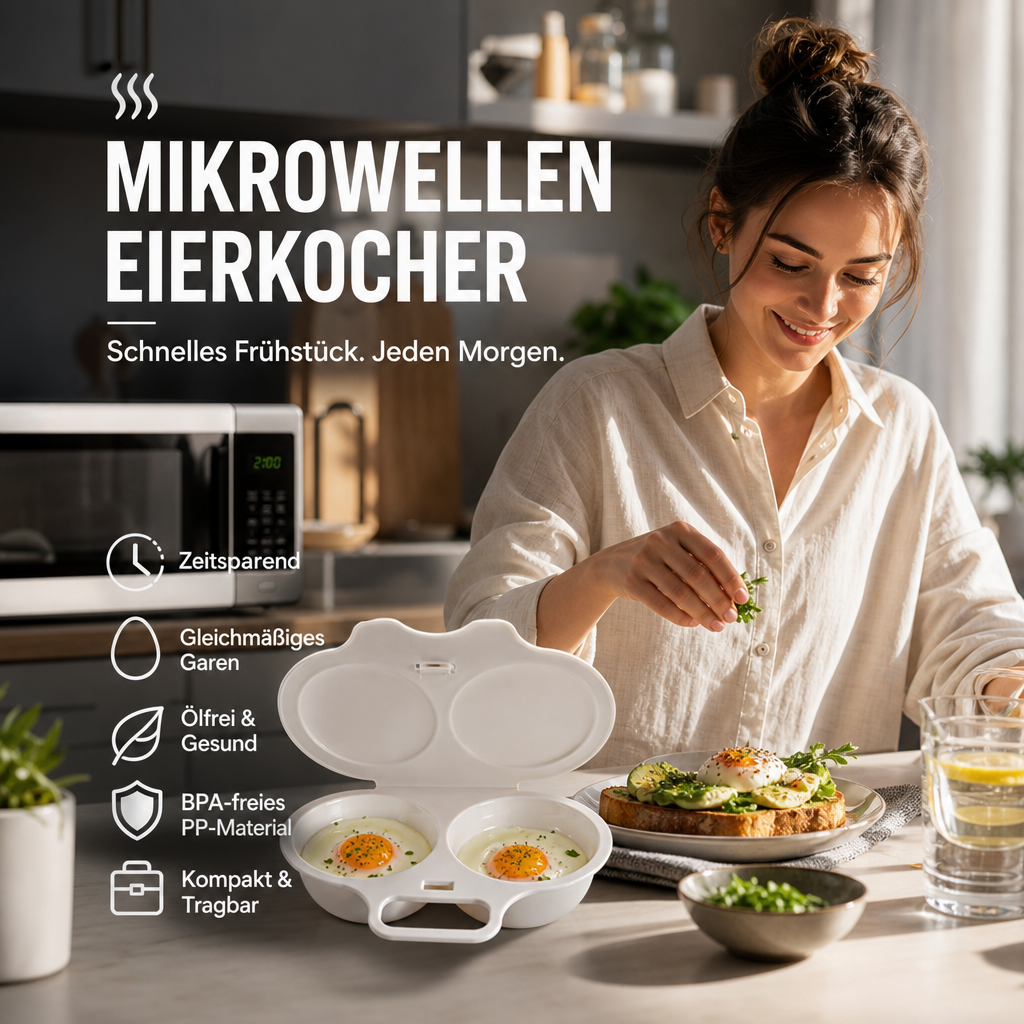 🍳 50% RABATT! Mikrowellen-Eierkocher mit Deckel und Griff – Schnell, sicher & platzsparend – Perfekt für das schnelle Frühstück, Weich- & Hartgekochte Eier in Minuten ✨