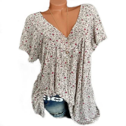 🌞Frühlingserwachen: 55% Rabatt!🌸Damen Kurzarmbluse mit Frühlingsblumenprint: V-Ausschnitt & lockere Passform – Atmungsaktiv, knitterfrei & figurschmeichelnd für Frühling & Sommer