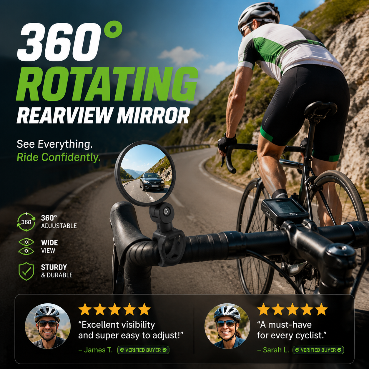 ⏳Time-Limited Special⏰360° Rotating Rearview Mirror – Clear view behind, no more neck twisting. Fits bikes, e‑bikes & motorcycles. Tool‑free silicone strap! 🛡️✨