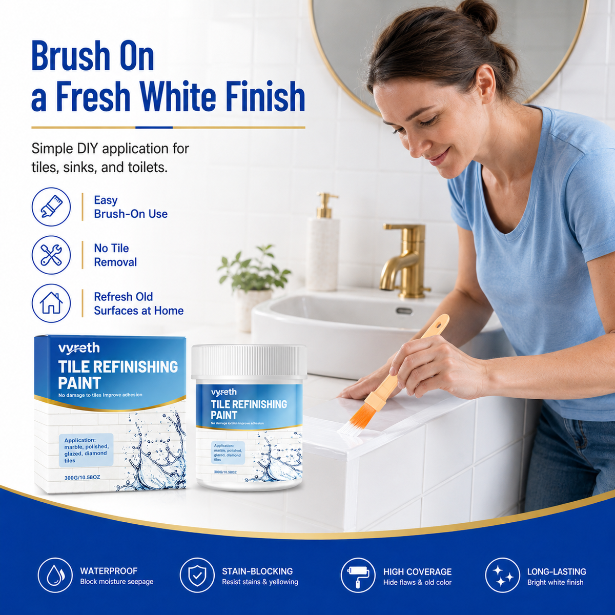 Alte Fliesen? Vergilbtes Waschbecken? – Weiße Fliesen-Renovierungsfarbe – wasserdicht & fleckenblockierend – DIY-Beschichtung für Fliesen, Waschbecken & Toiletten – einfach streichen & wie neu ✨