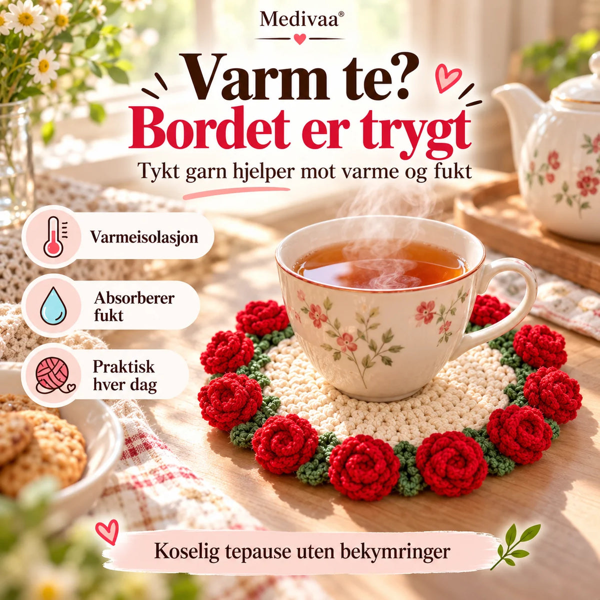 Handgefertigte Untersetzer aus Garn mit Blumenmuster