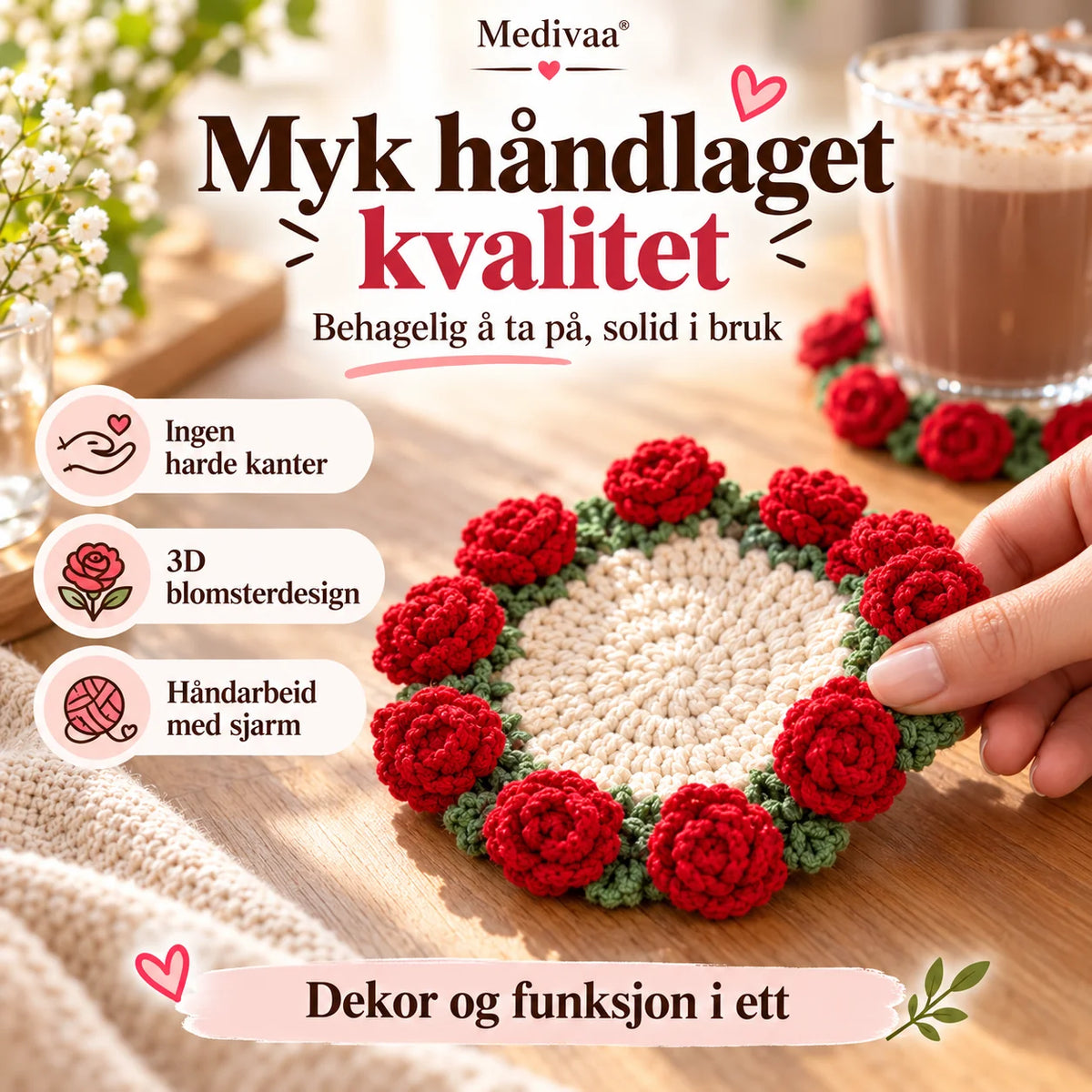 Handgefertigte Untersetzer aus Garn mit Blumenmuster