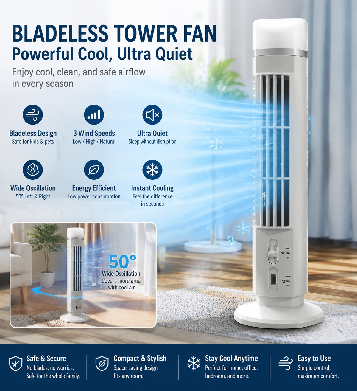 🌀 Tragbarer USB-Turmventilator mit 3 Geschwindigkeitsstufen – kompakt, leistungsstark & vielseitig – perfekt für Büro, Schlafzimmer & unterwegs（副本）