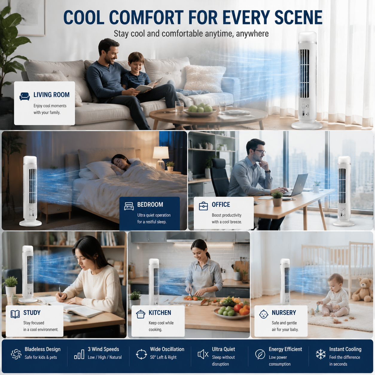 🌀 Tragbarer USB-Turmventilator mit 3 Geschwindigkeitsstufen – kompakt, leistungsstark & vielseitig – perfekt für Büro, Schlafzimmer & unterwegs（副本）