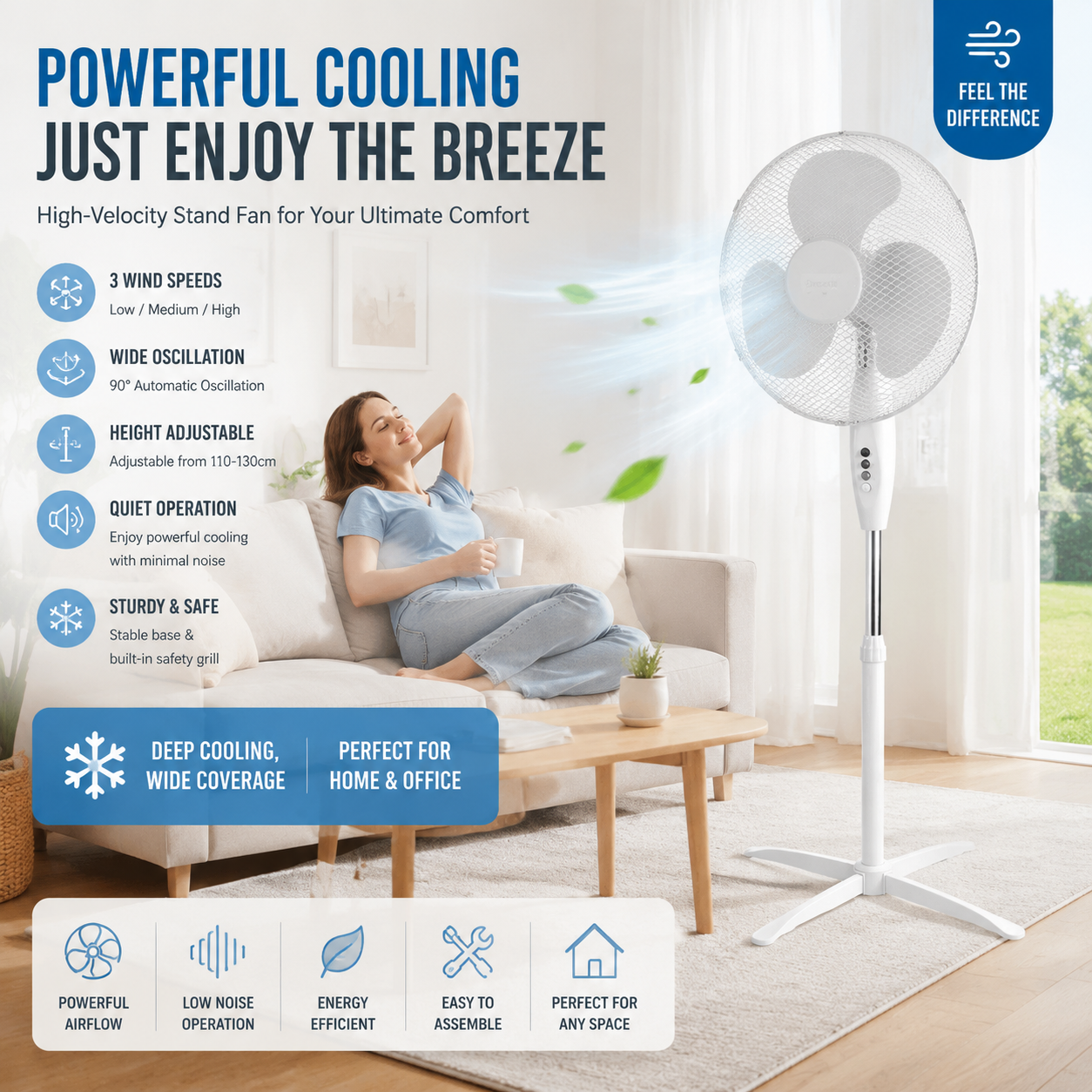 🥳HEISSER SALE 2026🥳💞50.000+ VERKAUFT!👵 📢📢⏰ Elektrischer Standventilator (40 cm) – 100 % Kupfermotor, 3 Geschwindigkeitsstufen, höhenverstellbar bis 1,25 m und geräuscharm – Weiß