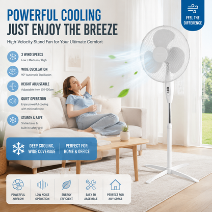 🥳HEISSER SALE 2026🥳💞50.000+ VERKAUFT!👵 📢📢⏰ Elektrischer Standventilator (40 cm) – 100 % Kupfermotor, 3 Geschwindigkeitsstufen, höhenverstellbar bis 1,25 m und geräuscharm – Weiß