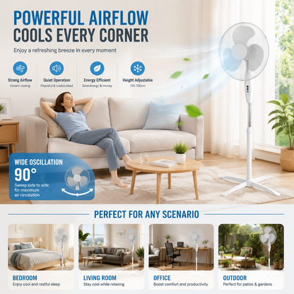🥳HEISSER SALE 2026🥳💞50.000+ VERKAUFT!👵 📢📢⏰ Elektrischer Standventilator (40 cm) – 100 % Kupfermotor, 3 Geschwindigkeitsstufen, höhenverstellbar bis 1,25 m und geräuscharm – Weiß