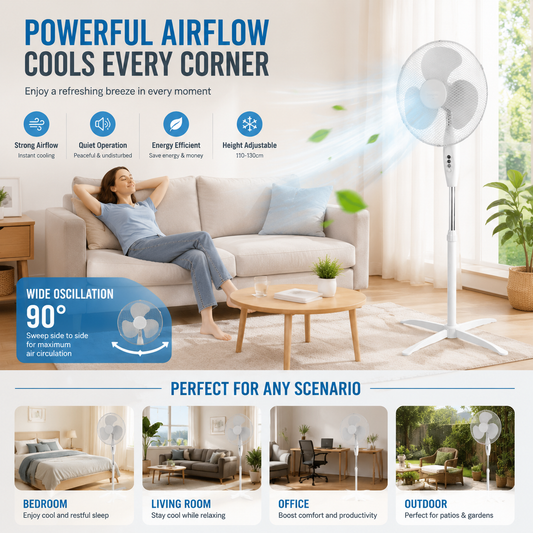 🥳HEISSER SALE 2026🥳💞50.000+ VERKAUFT!👵 📢📢⏰ Elektrischer Standventilator (40 cm) – 100 % Kupfermotor, 3 Geschwindigkeitsstufen, höhenverstellbar bis 1,25 m und geräuscharm – Weiß