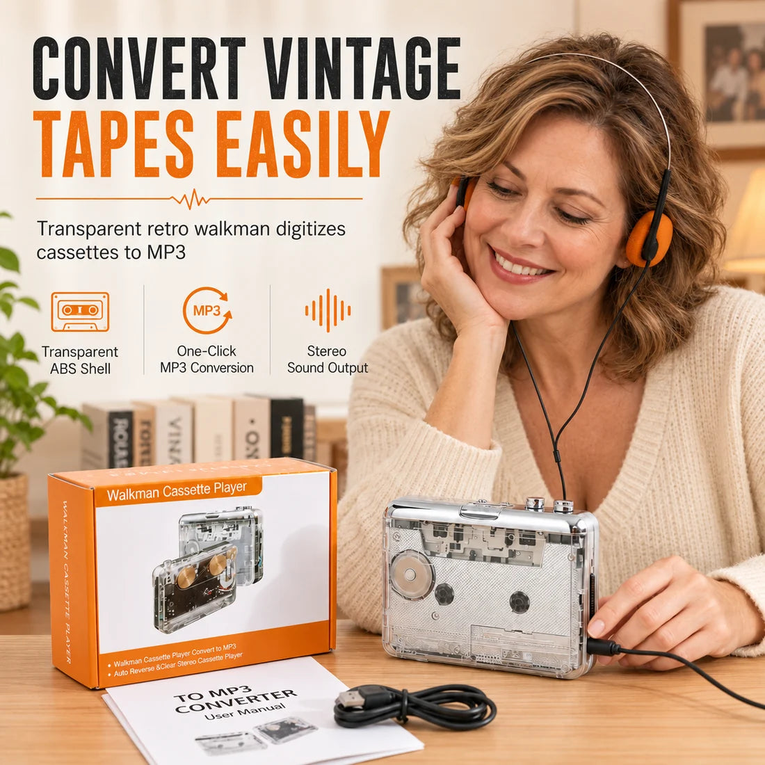 📼 🎵 Klassischer Kassettenspieler im transparenten Retro-Design – Nostalgie pur, Kassetten zu MP3, USB-C