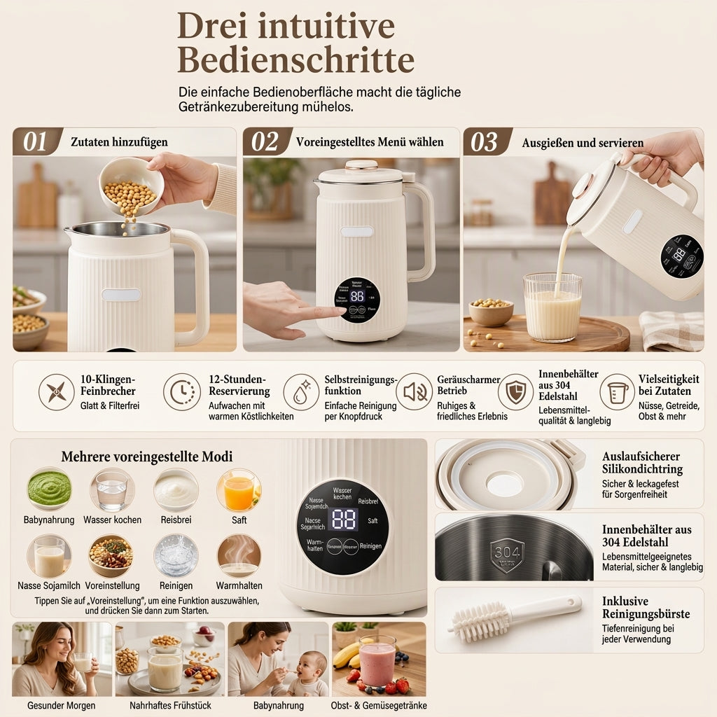 🥛 JETZT 50% RABATT! 🌿 Automatischer Sojamilchbereiter & Mixer – 1500 ml, Filterfrei, 10 Klingen & 304 Edelstahl – Multifunktional für 4-5 Personen ⚡