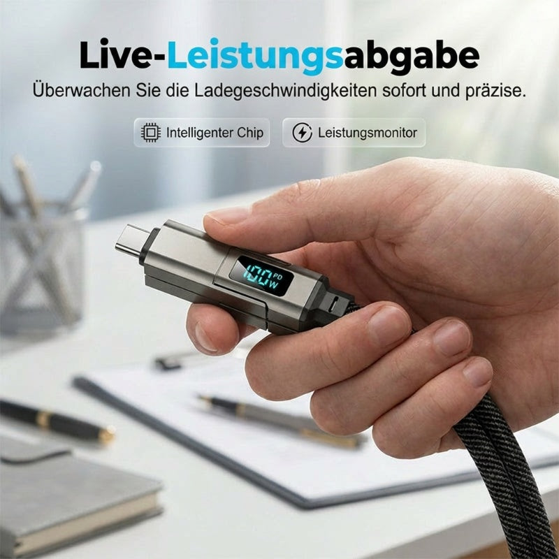 🔌 4-in-1 Ladekabel mit Digitalanzeige & Schlüsselanhänger – schnellladend, knickfest & kompakt