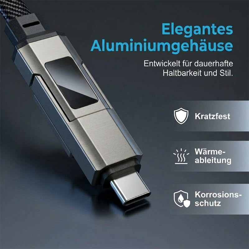 🔌 4-in-1 Ladekabel mit Digitalanzeige & Schlüsselanhänger – schnellladend, knickfest & kompakt