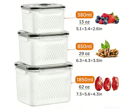 ⏰️SOMMER-ANGEBOT⌛️ 3-teiliges Obstaufbewahrungsbehälter-Set für den Kühlschrank mit herausnehmbarem Siebeinsatz