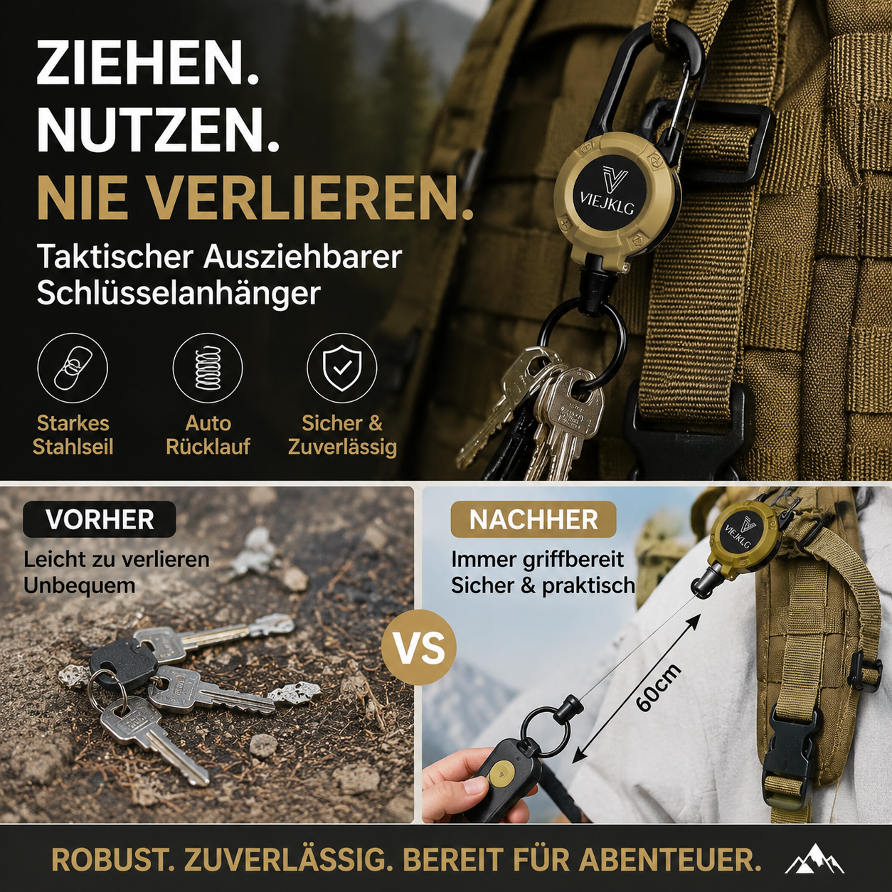 🔥🎁 1+1 GRATIS!! 🥳🏆3-in-1-Multifunktions-Schlüsselanhänger mit einziehbarem Zugseil, robuster Stahlseilschnalle und praktischem Werkzeug für Outdoor-Sportarten💪🧗