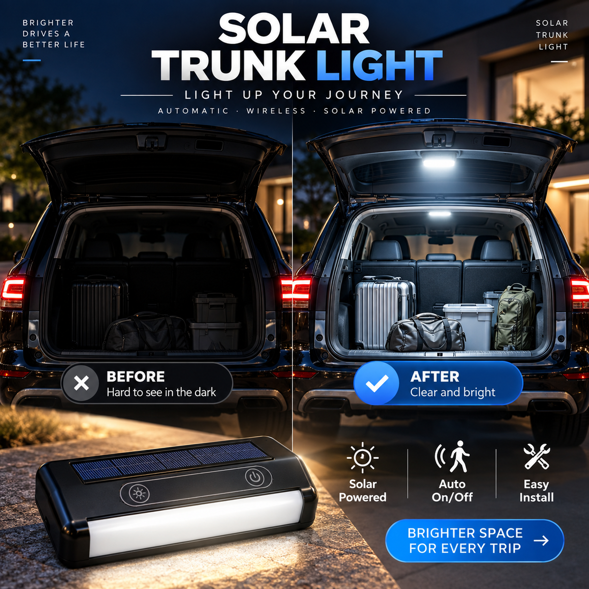 🔆 Solar-LED-Kofferraumleuchte für Autos – Automatischer Sensor, kabellos, 6 Farben, für SUVs und Fahrzeuge