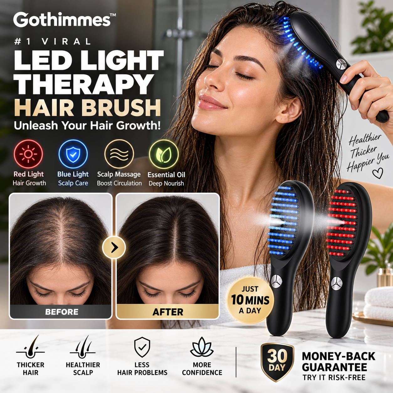 💡 Die virale Nr. 1 unter den LED-Haarbürsten – 4-in-1: Rotes Licht stimuliert die Haarfollikel, blaues Licht beruhigt die Kopfhaut, Massage fördert die Durchblutung & ätherische Öle pflegen. Nur 10 Minuten täglich – Ergebnisse schon nach 30 Tagen! 🌿✨