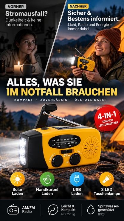 ⏳ Solar-Kurbelradio mit AM/FM-Empfang – 3-LED-Taschenlampe, USB-Notladefunktion und 600-mAh-Akku-Gcom