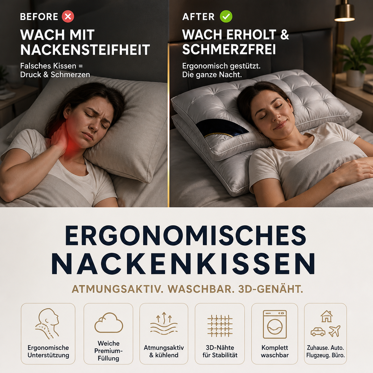 🥳 2026 HEISSER VERKAUF 🥳 💞  Waschbares, ergonomisches Nackenkissen – atmungsaktiv und weich mit 3D-Nähten.