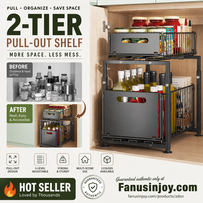 📢📢50% OFF !! ⏰Double-Tier Pull-Out Shelf Cabinet Organiser – 5 Height Adjustments, 2 Pull-Out Tiers, Carbon Steel & Large Capacity – No Assembly Required ✨