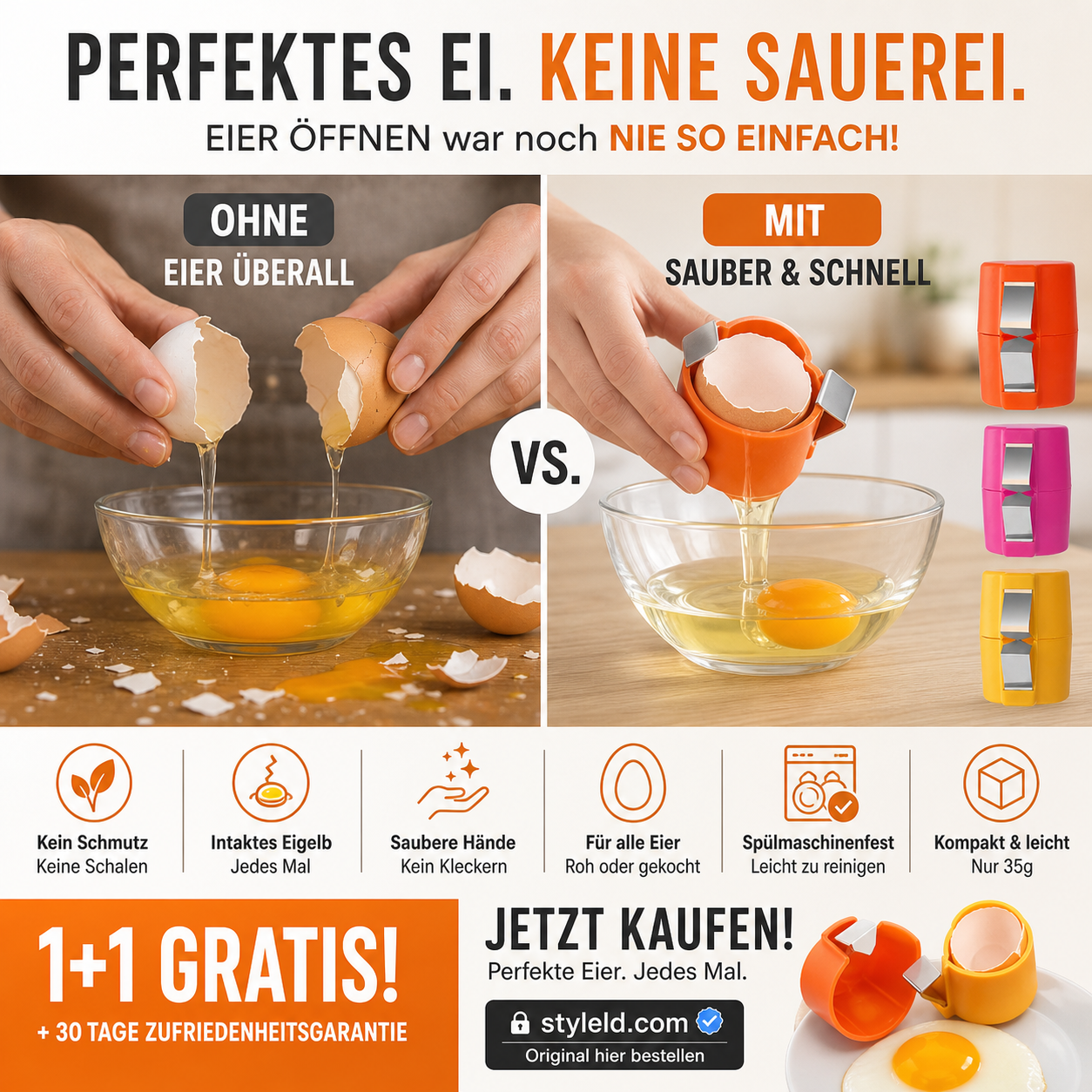 🍳 50 % Rabatt – 2-in-1 Eierknacker & Eigelb-Separator – hygienisch, einfach in der Handhabung & vielseitig für rohe und gekochte Eier 🥚