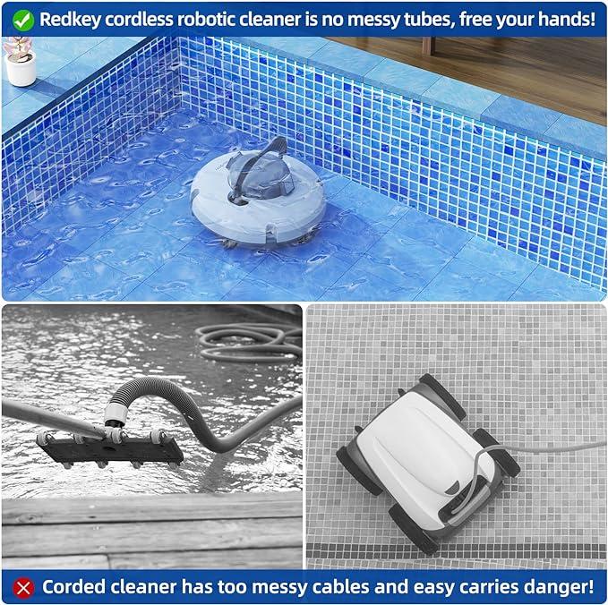 🔥Redkey Poolroboter 2026 Kabellos Poolsauger 6800mAh Akku Selbstparkend bis 200m² (Set, 45.000 Pa Saugkraft, intelligente Navigation & 180 Min. Laufzeit), Schnellladung, 45° Steigung, 90° Wandreinigung & 2 Jahre Garantie